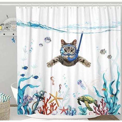 AlwaysH1pc Funny Cat Shower Curtain Teal Sea Ocean Waterproof Fabric Shower Curtains With Animal Bathroom Curtain Decor (71''×71''/180180cm)