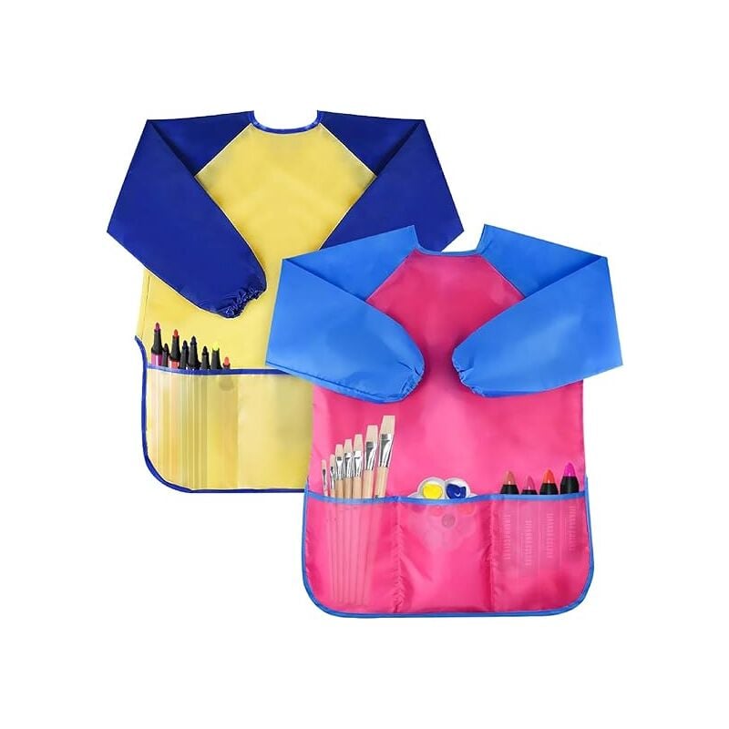 2 Pack Toddler Kids Art Aprons Waterproof Long Sleeve Artist Painting Aprons with 3 Pockets for Ages 2-6 Years Old - Alwaysh