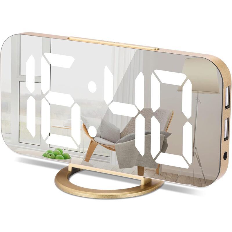 Alwaysh - Digital Alarm Clock, 6 Inch Mirror led Clock, Digital Dual usb Charger Port, Auto/Custom Brightness, Easy Nap Function, Bedroom Nightstand