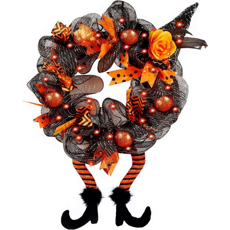 Alwaysh - Halloween Wreaths, Halloween Decorations Witch Hat and Legs Garland, Lighted with 30 Orange led Lights, Front Door Wall Decor, Thanksgiving