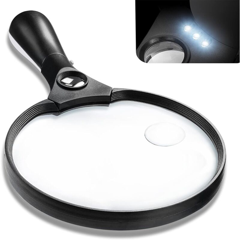 Alwaysh - Lighted Magnifying Glass, 5.5 Inch Large Magnifier 2x 4x 25x Zoom Magnifier with 3 led Lighted Magnifiers for Elderly Reading, Stamps, Maps