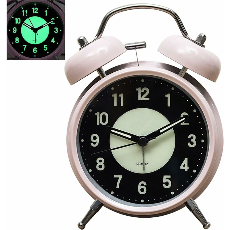 Alwaysh - Luminous Alarm Clock Non-Ticking Quartz Analog Retro Twin Bell Clock with Loud Alarm and Nightlight Gift Clock