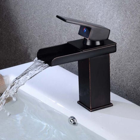 AlwaysHModern Black Waterfall Bathroom Faucet, Waterfall Basin Mixer Tap, Basin Faucet with High Spout, Brass Bathroom Mixer Tap, Cold & Hot Water Available