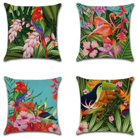 AlwaysHSet of 4 Cushion Cover 45 x 45 cm Birds Flowers Tropical Plants Tropical Leaves Cotton Linen Decorative Pillow Case for Sofa Beds Decor