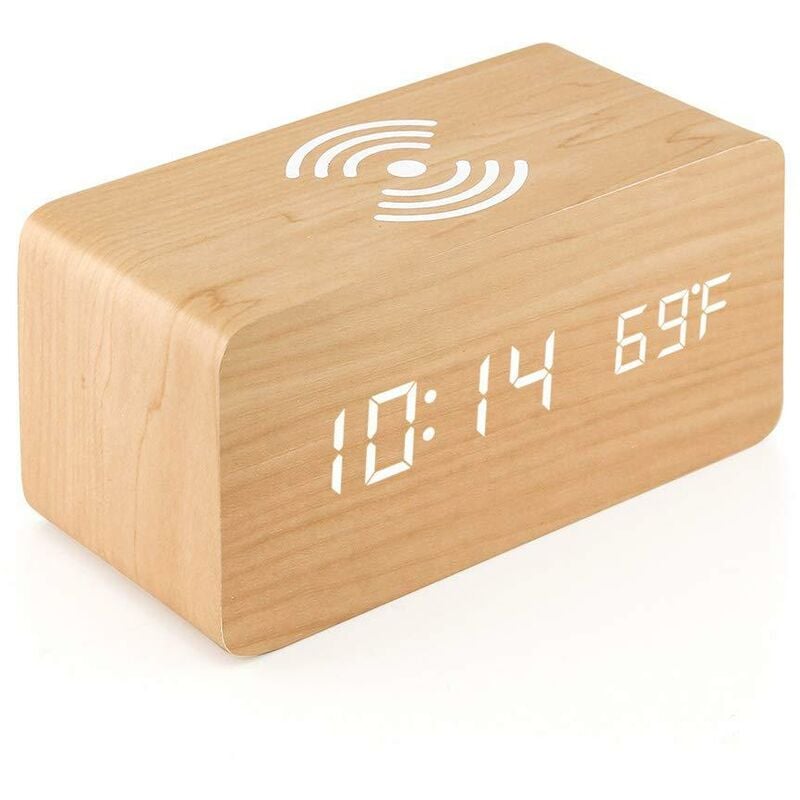 Wooden digital alarm clock with wireless charging, adjustable dimmer and alarm volume (1 piece, wood color) - Alwaysh