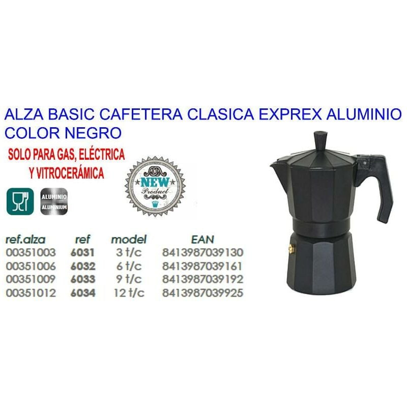 

alza basic cafetera clasica expres aluminio negra 3 tazas 6031 - Mibricotienda
