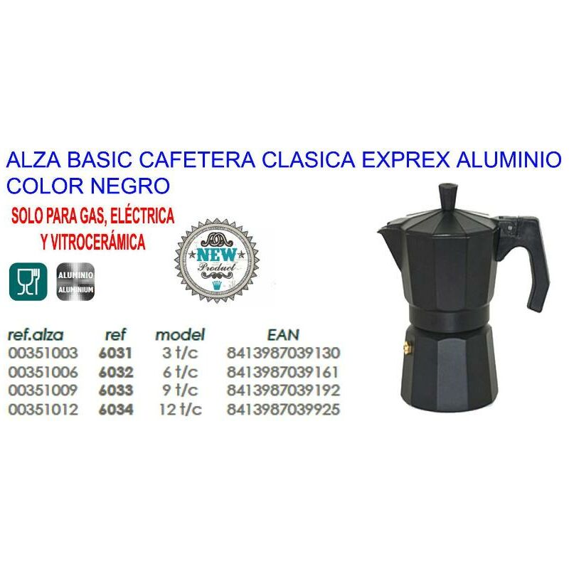 

alza basic cafetera clasica expres aluminio negra 6 tazas 6032 - Mibricotienda