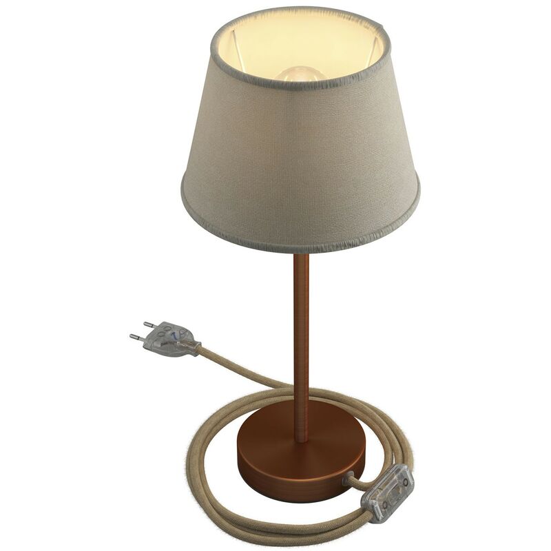 

Alzaluce con pantalla Imperio, lámpara de mesa de metal clavija de 2 polos, cable e interruptor | 25 cm - Cobre satinado - Yute claro - Cobre