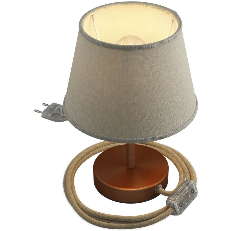 

Alzaluce con pantalla Imperio, lámpara de mesa de metal clavija de 2 polos, cable e interruptor | 10 cm - Cobre satinado - Yute claro - Cobre
