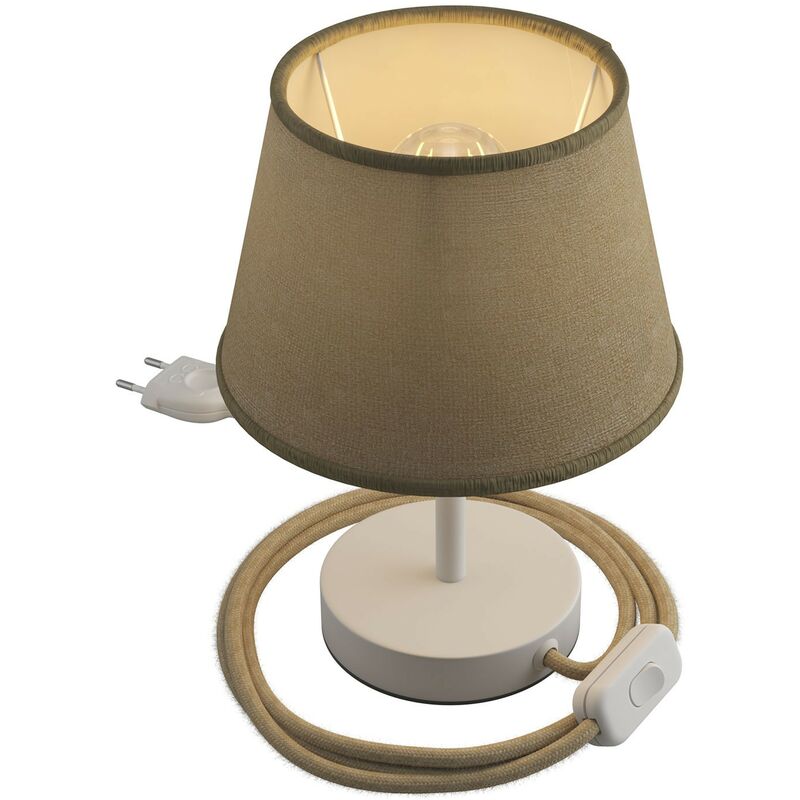 Image of Alzaluce con paralume Impero, lampada da tavolo in metallo con spina 2 poli, cavo e interruttore 10 cm - Bianco opaco - Juta naturale - Bianco opaco