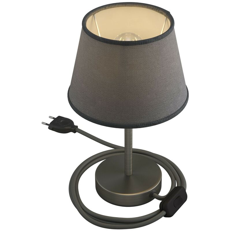 Image of Alzaluce con paralume Impero, lampada da tavolo in metallo con spina 2 poli, cavo e interruttore 15 cm - Titanio satinato - Juta grigia - Titanio