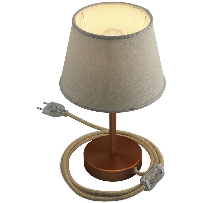 Image of Alzaluce con paralume Impero, lampada da tavolo in metallo con spina 2 poli, cavo e interruttore 15 cm - Rame satinato - Juta chiara - Rame satinato
