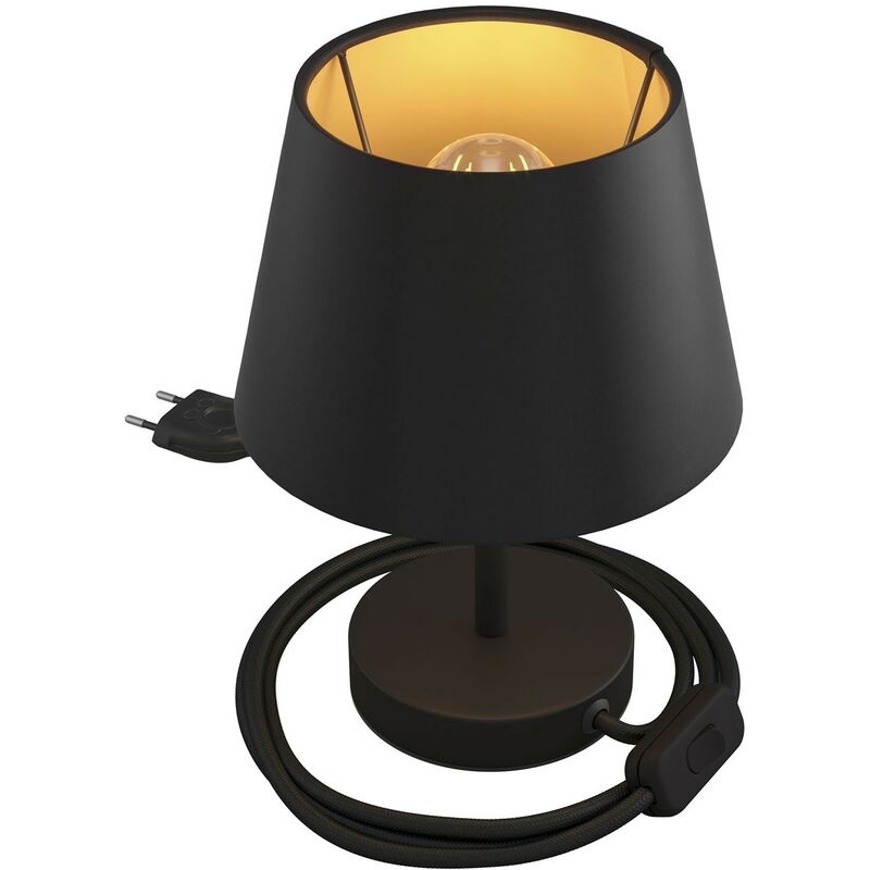 Image of Alzaluce con paralume Impero, lampada da tavolo in metallo con spina 2 poli, cavo e interruttore 10 cm - Nero opaco - Cinette nero - Nero opaco