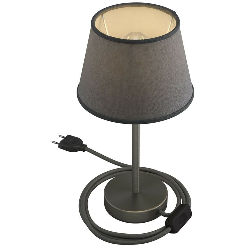 Image of Alzaluce con paralume Impero, lampada da tavolo in metallo con spina 2 poli, cavo e interruttore 20 cm - Titanio satinato - Juta grigia - Titanio