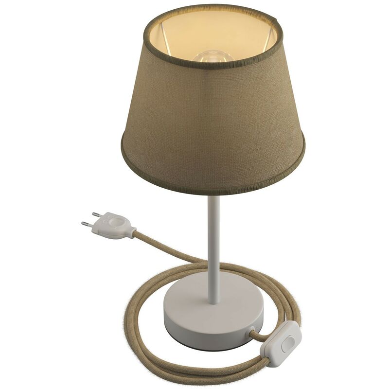 Image of Alzaluce con paralume Impero, lampada da tavolo in metallo con spina 2 poli, cavo e interruttore 20 cm - Bianco opaco - Juta naturale - Bianco opaco