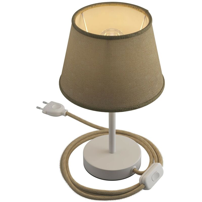Image of Alzaluce con paralume Impero, lampada da tavolo in metallo con spina 2 poli, cavo e interruttore 15 cm - Bianco opaco - Juta naturale - Bianco opaco