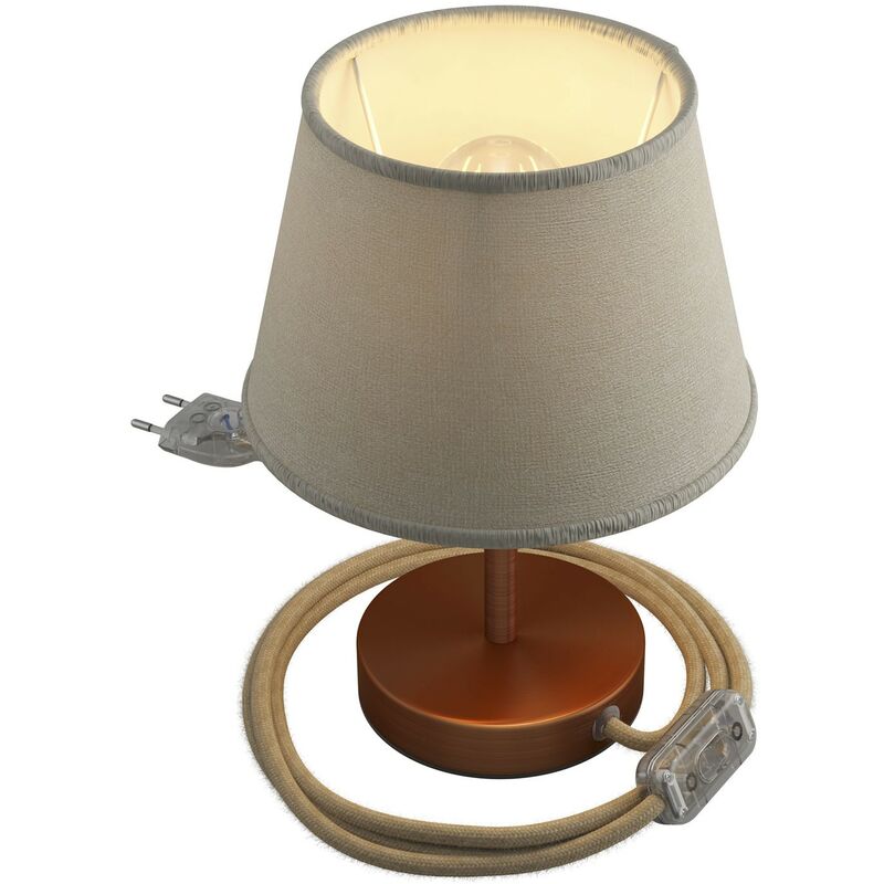Image of Alzaluce con paralume Impero, lampada da tavolo in metallo con spina 2 poli, cavo e interruttore 10 cm - Rame satinato - Juta chiara - Rame satinato