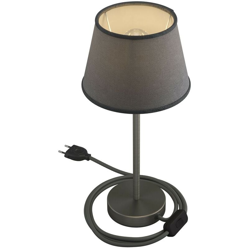 Image of Alzaluce con paralume Impero, lampada da tavolo in metallo con spina 2 poli, cavo e interruttore 25 cm - Titanio satinato - Juta grigia - Titanio