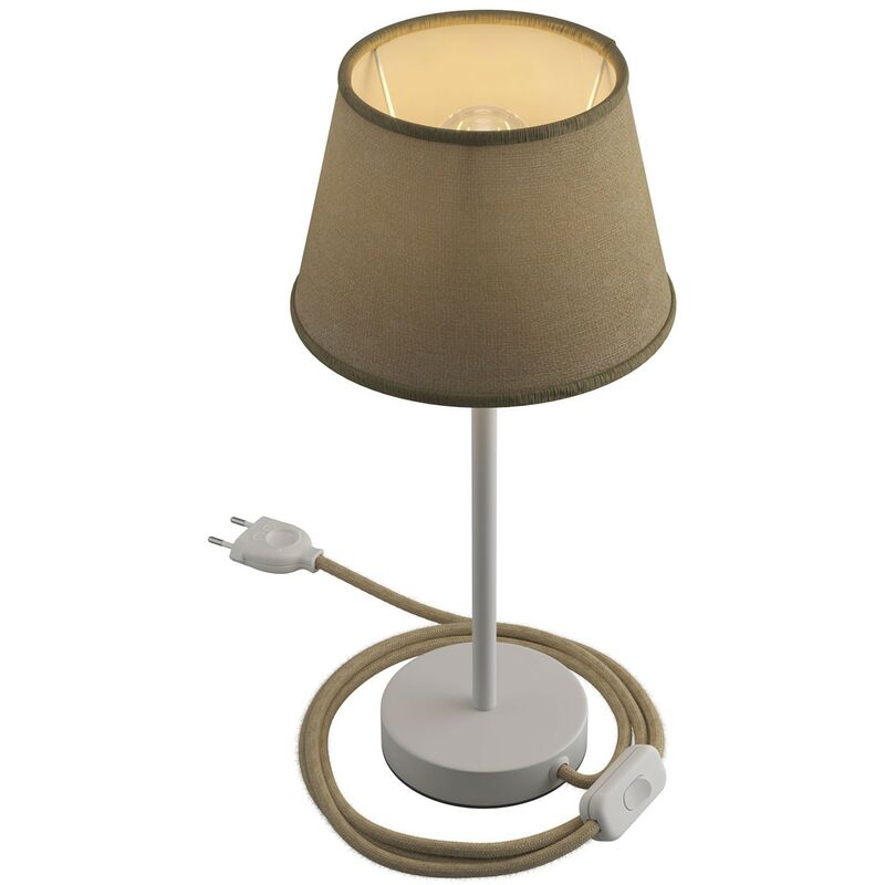 Image of Alzaluce con paralume Impero, lampada da tavolo in metallo con spina 2 poli, cavo e interruttore 25 cm - Bianco opaco - Juta naturale - Bianco opaco