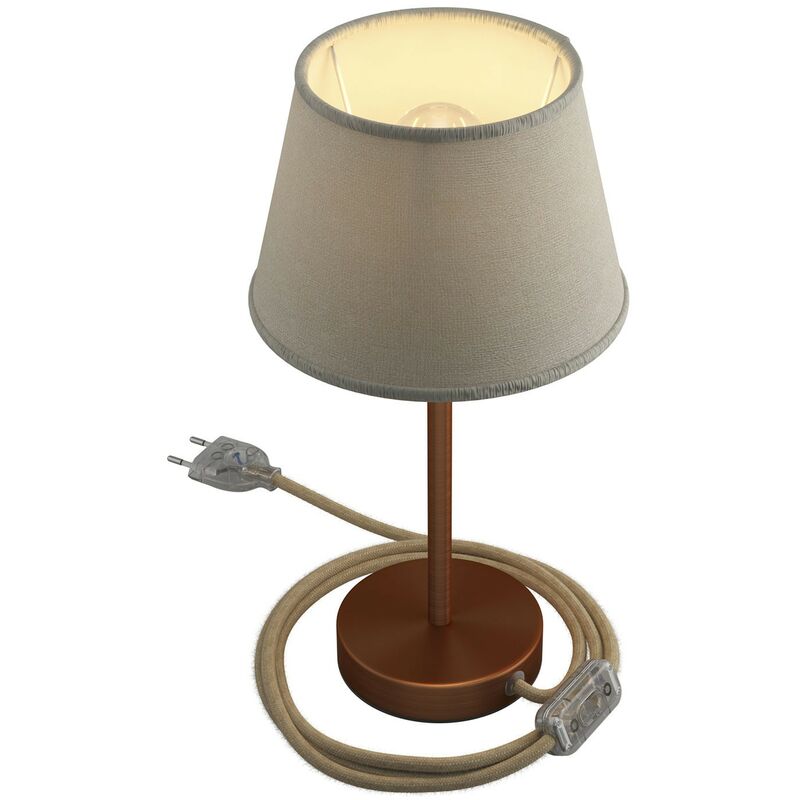 Image of Alzaluce con paralume Impero, lampada da tavolo in metallo con spina 2 poli, cavo e interruttore 20 cm - Rame satinato - Juta chiara - Rame satinato