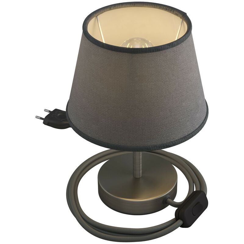 Image of Alzaluce con paralume Impero, lampada da tavolo in metallo con spina 2 poli, cavo e interruttore 10 cm - Titanio satinato - Juta grigia - Titanio