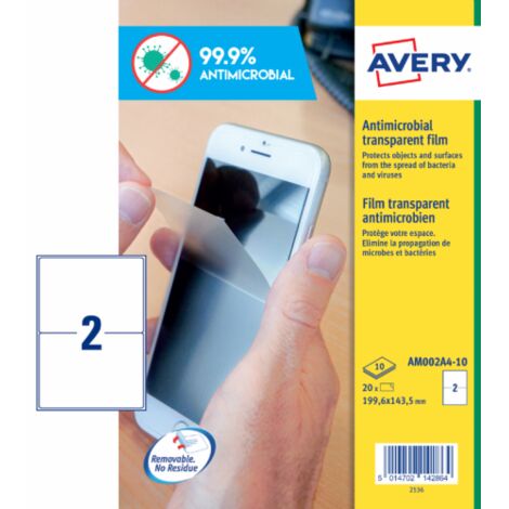 AM002A4-10 Avery 20 Films Antimicrobiens 199,6 x 143,5 mm (AM002A4-10) - Lot de 20 Films Antimicrobiens 199,6 x 143,5 mm avec adhésif amovible