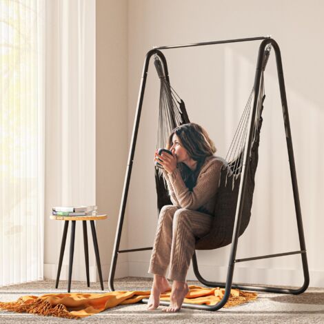 Amaca con supporto 92x39x11 cm, struttura robusta, supporto per amaca con altalena sospesa, carico massimo 150 kg, sedia sospesa con 2 ganci e 2 cuscini per schienale per giardino, nero