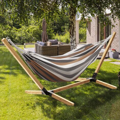 Amaca Doppia Imbottita SONGMICS Con Barre In Bambù - Portata 225kg, Blu E Beige, Per Giardino E Campeggio - Foto 11