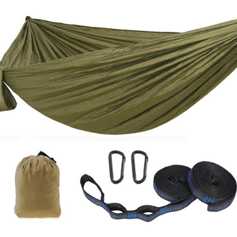 Amaca da esterno, amaca da viaggio 300x200 cm per 2 persone, amaca da campeggio in seta paracadute da 300 kg con 2 cinghie in nylon + 2 robuste fibbie da trekking in acciaio (verde militare)