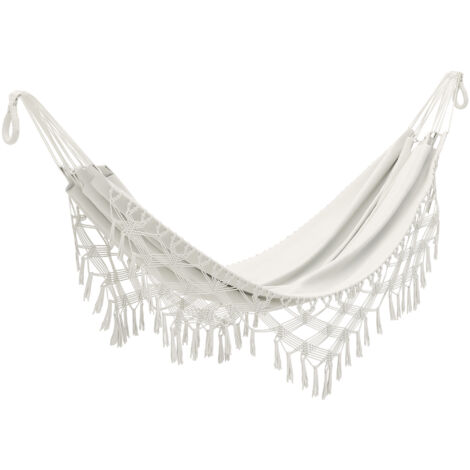 Amaca da esterno in stile bohémien, amaca da giardino sospesa con frange e borsa per il trasporto extra-large da 288 x 150 cm, beige.