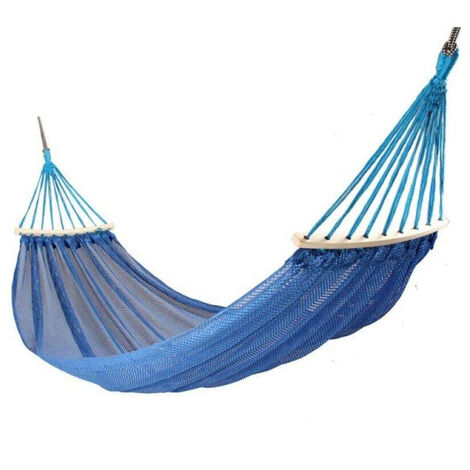 Amaca da giardino e da campeggio colorata in cotone con supporto in legno da appendere con sacca per il trasporto 185x135 cm blu
