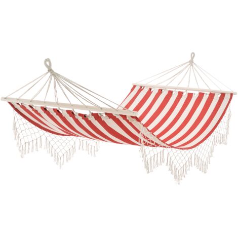 Amaca da viaggio portatile in stile hippie chic. Dimensioni del tessuto: 2 m x 1 m. Cotone, poliestere, a righe rosse e crema.