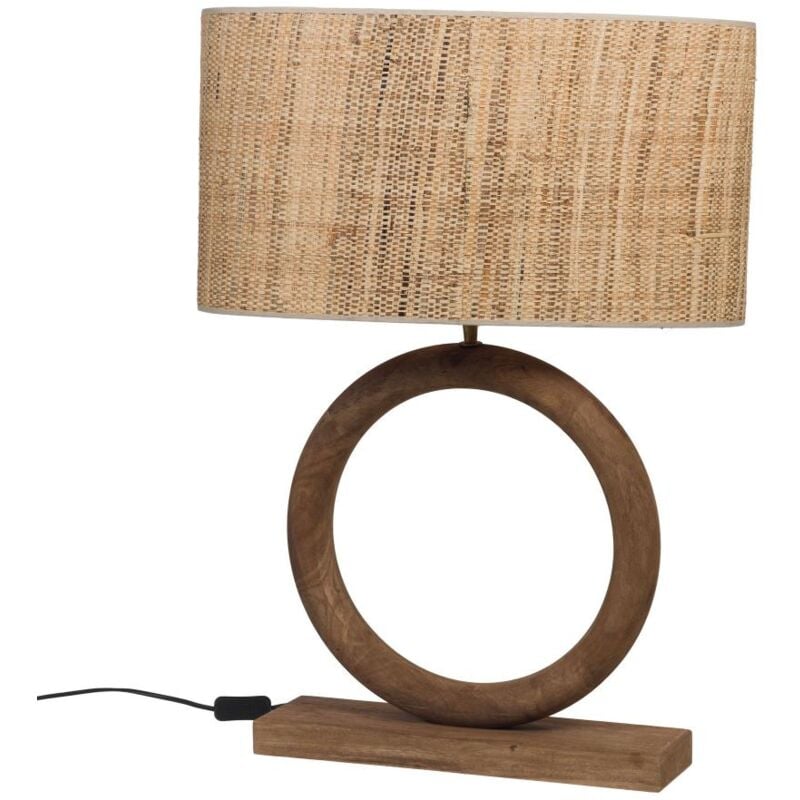 Amadeus - Lampe ronde en bois grand modèle abat jour en rabanne