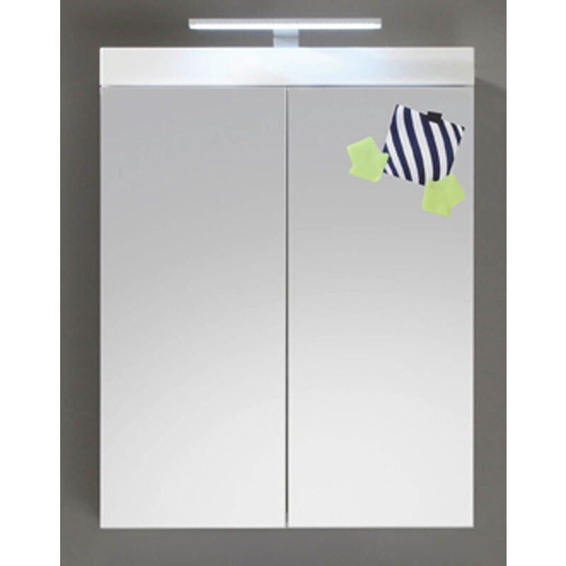 Trendteam - AmandaMandoBea armoir de salle de bain avec miroir avec lumière, 2 portes, blanc brillant.