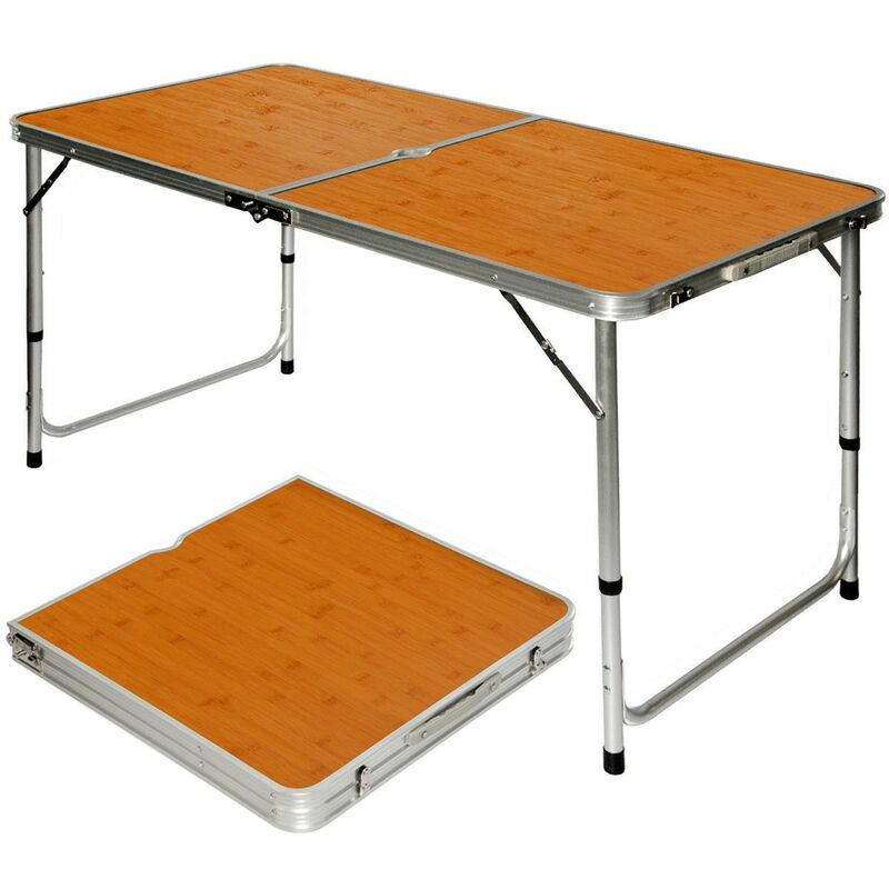 Table de camping pique-nique pliable réglable en hauteur 120x60x70cm en aluminium pliant format mallette Bambou - braun - Amanka