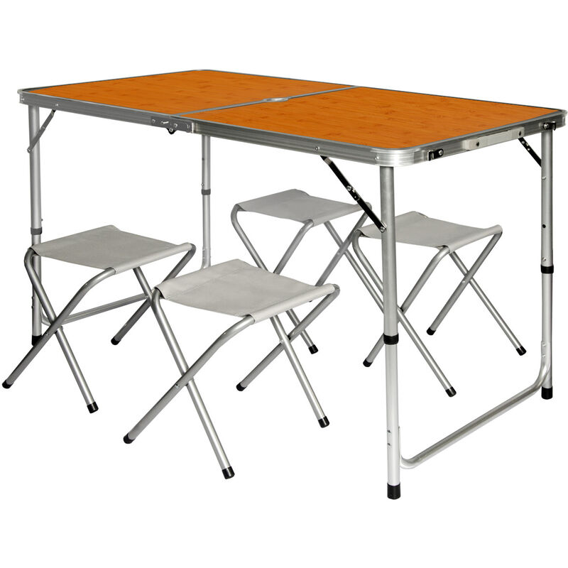 Table de Camping pliable réglable en hauteur 120x60x70cm incl 4 Tabourets pliants format mallette Bambou - braun - Amanka