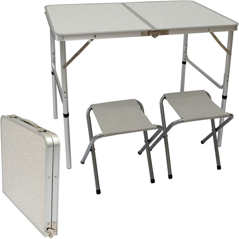 Amanka - Table de Camping pliable réglable en hauteur 90x60x70cm incl 2 Tabourets pliants format mallette Gris Clair - grau