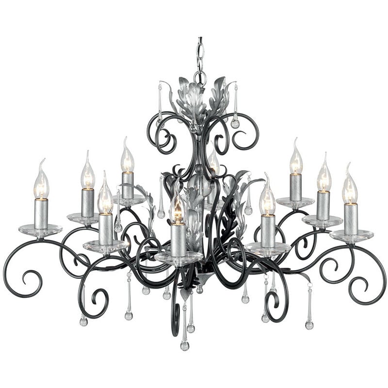 Amarilli - 10 Light Chandelier Black, Silver Floral Leaves Design , E14 - Elstead