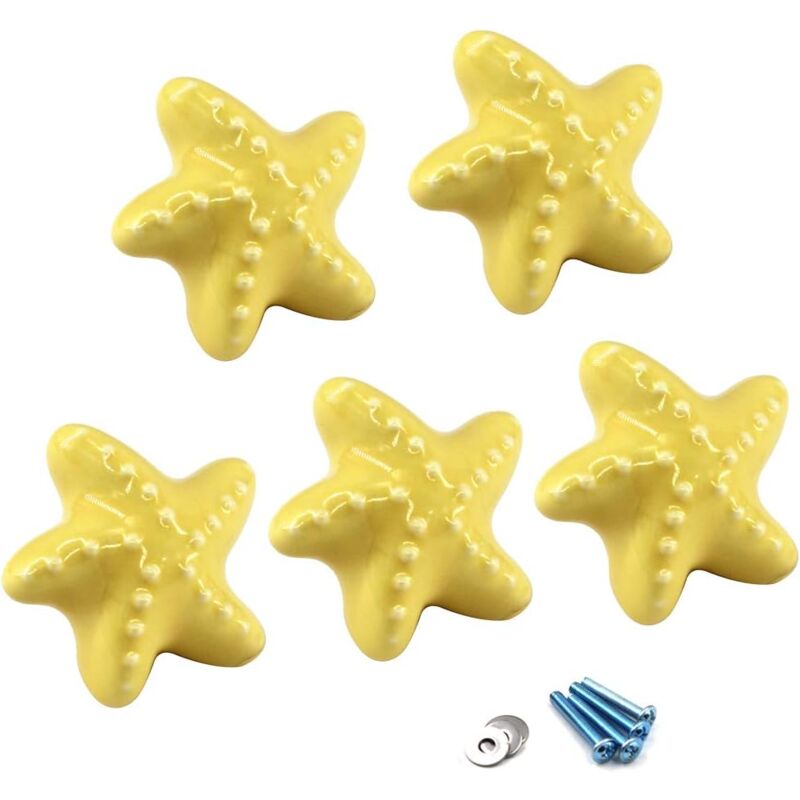 Amarillo Perilla del cajón Perillas del gabinete de cerámica Manija de la habitación para niños Forma de Estrella de mar para cajones de tocador