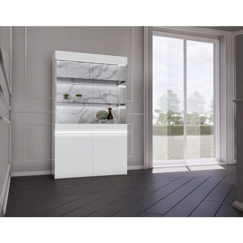 Bestmobilier - Amaury - vitrine - blanc - fond effet marbre - 115x185 cm - blanc