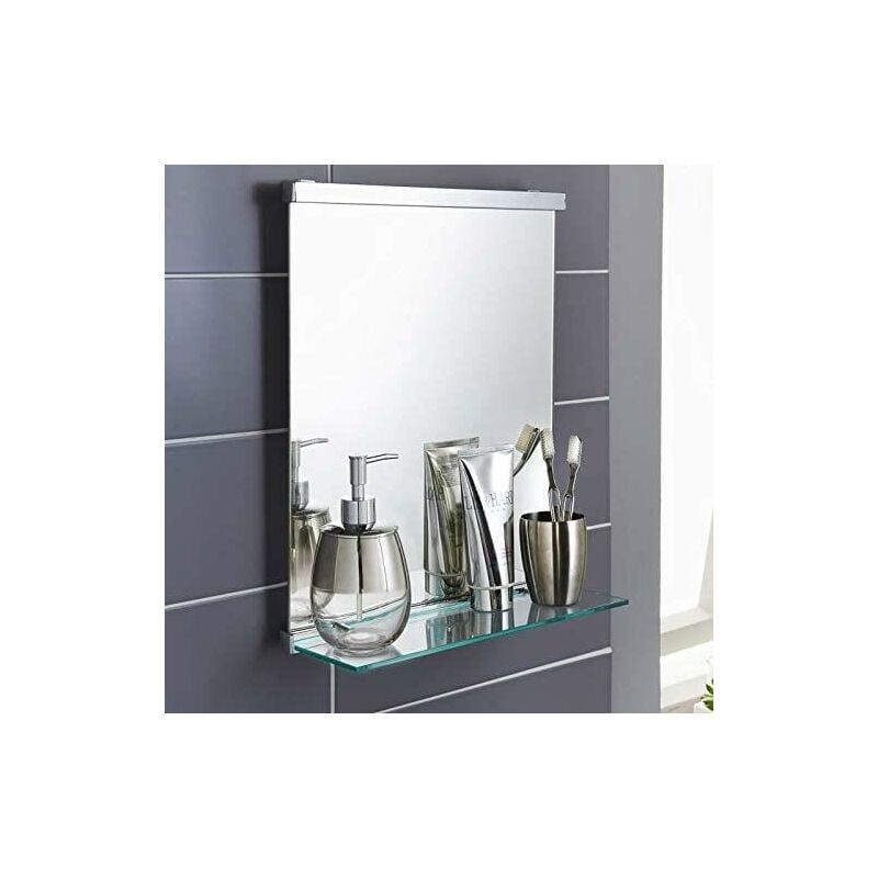 Ambar Retreat Contemporary Chrome Finish Premium Style Stunning Bathroom Mirror With Clear Glass Shelf Bathroom Essentials Wall Vanity Mirror