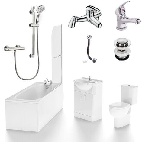 Ambon 1700mm Bath and Screen, Basin Flat Pack Vanity Unit, Close Coupled Toilet, Mono and Shower Mixer Taps & Wastes White