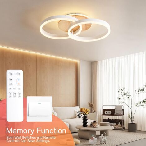 Amdelne Plafonnier LED Blanc bois 36W,Moderne 2-anneaux Acryl 50cm,3000-6500K,Télécommande,veilleuse,luminaire pour Cuisine salon Chambre [Classe F]