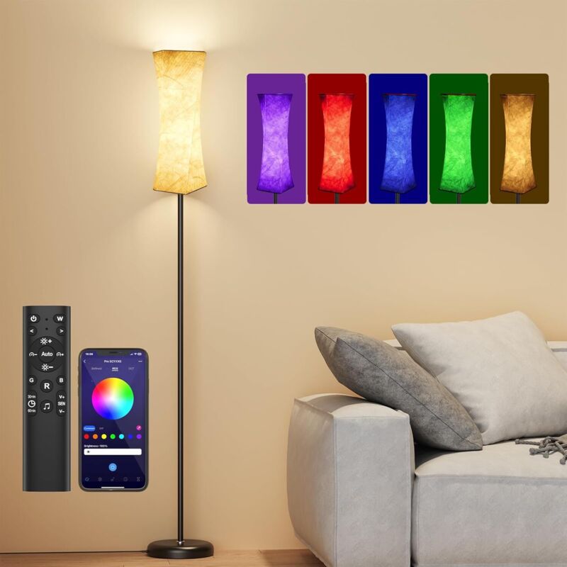 Amedelne rgbw Lampadaire Sur Pied Salon avec Télécommande, Bluetooth app Contrôle, Lampadaire Dimmbable Modern, L'abat-jour en tissu, Lumière