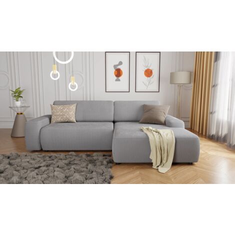 Amela - Ecksofa mit Schlaffunktion und Bettkasten in Hellgrau Cord-Stoff schöner Sitzkomfort