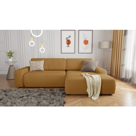 Amela - Ecksofa mit Schlaffunktion und Bettkasten in Honig Cord-Stoff schöner Sitzkomfort