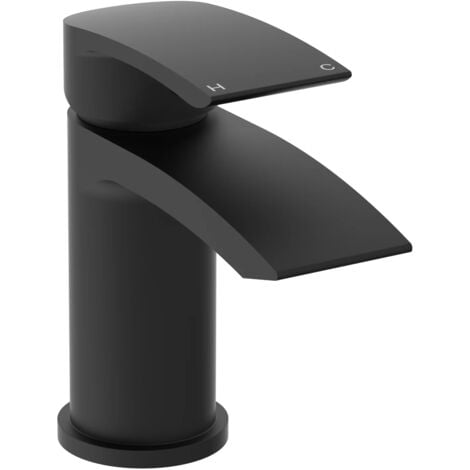 Amelia Matt Black Curved Modern Style Bathroom Mono Mixer Tap + Matching Waste