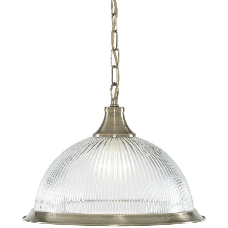 Image of American Diner - Sospensione a soffitto a cupola a 1 luce Ottone antico, vetro rigato, E27 - Searchlight