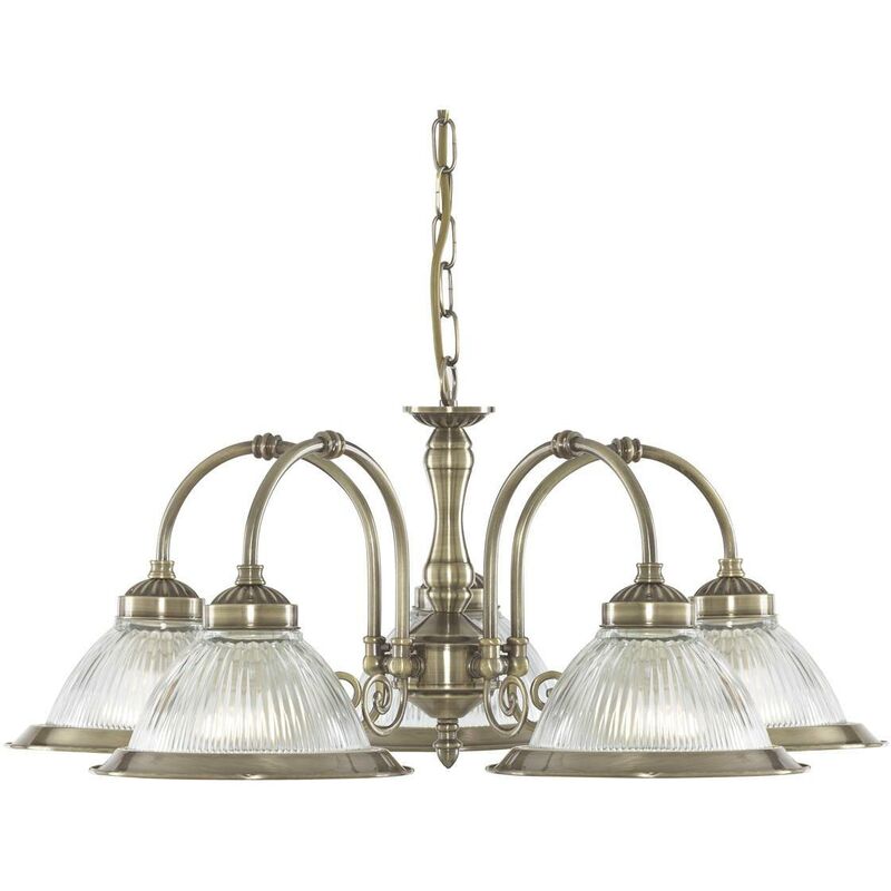 American Diner - 5 Light Multi Arm Multi Arm Ceiling Pendant Antique Brass, Ribbed Glass, E27 - Searchlight