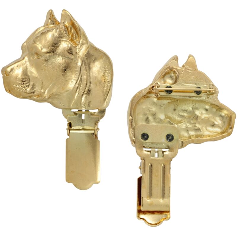 American Staffordshire Terrier, Amstaff, Amstaf I - broche avec clip, porte-numéro de départ plaqué or, badge noble pour une exposition canine par